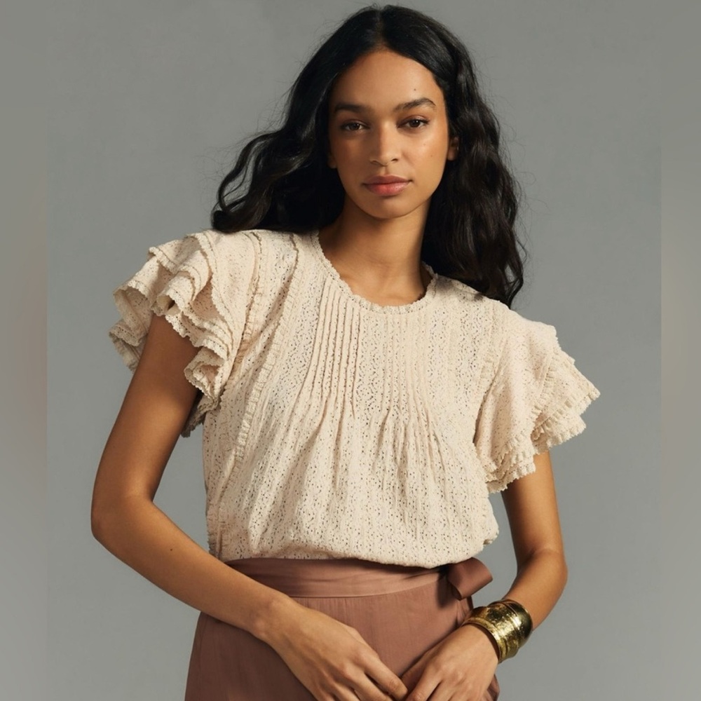 Anthropologie Pin Tuck Flutter/Ruffle Sleeve Top